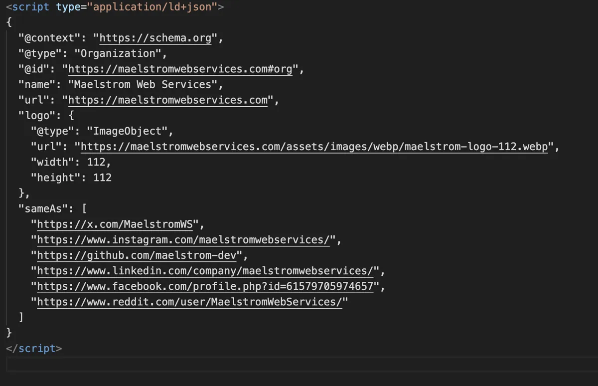 Current organization schema injection for MaelstromWebServices.com